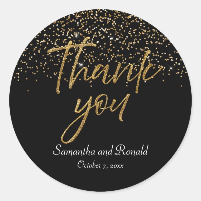 Adesivo Redondo Glitter Preto e Dourado Obrigado Casamento (Frente)