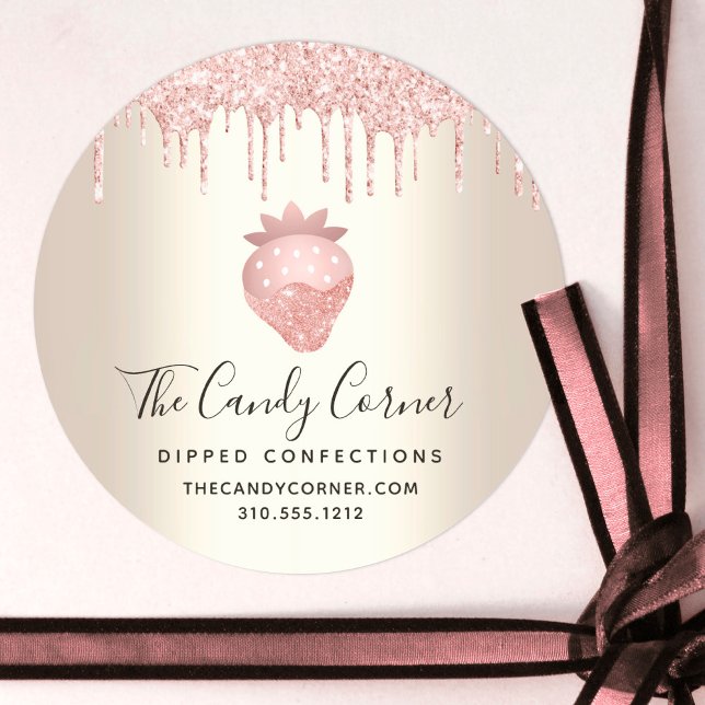 Adesivo Redondo Glitter Rosa Coloca Morango Confecção Dourada (Criador carregado)