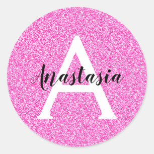 Adesivo Redondo Glitter Rosa Quente Brilhante Brilha Nome do Monog