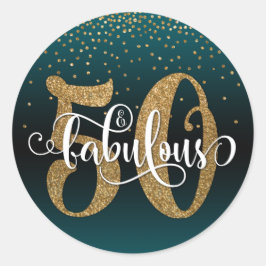 Adesivo Redondo Glitter & Script 50 & Fabuloso, Aniversário Teal