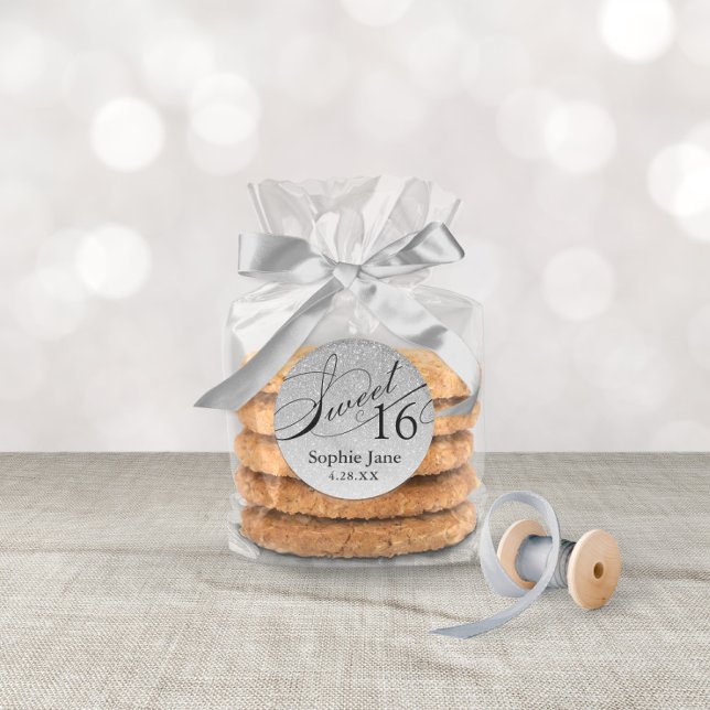 Adesivo Redondo Glitter Silver Glam Sweet 16 Personalizado (Criador carregado)