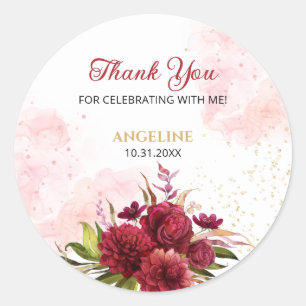 Adesivo Redondo Glitter Splash Burgundy Dahlia Rosa Birthday