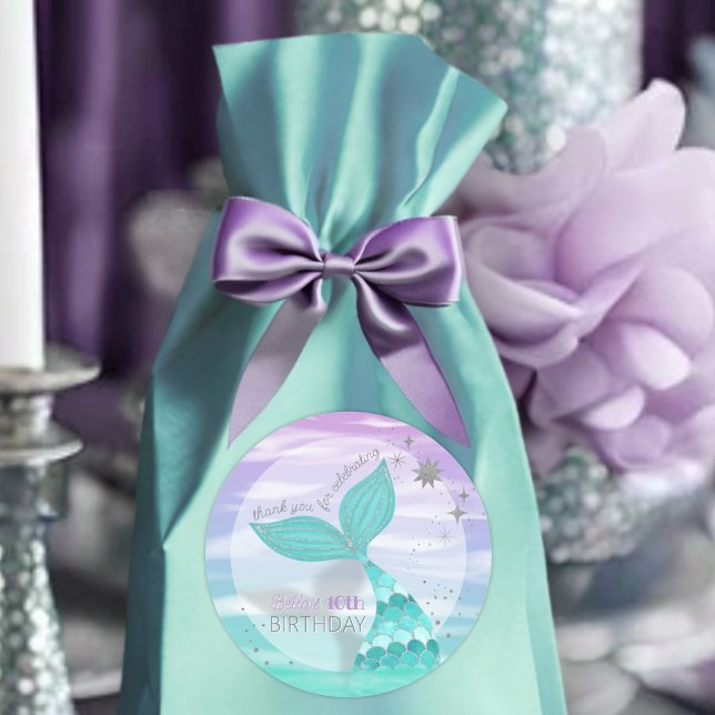 Adesivo Redondo Glitter Teal Smermaid Aniversário Obrigado Por (Criador carregado)