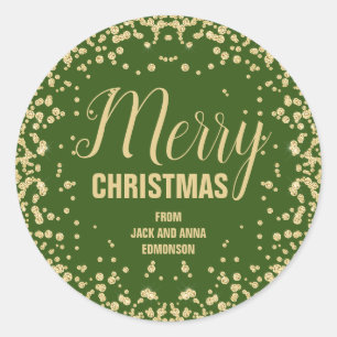 Adesivo Redondo Glitter Verde Dourado Feliz Natal