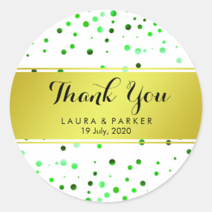 Adesivo Redondo Glitter Verde Dourado Obrigado Confetti Casamento