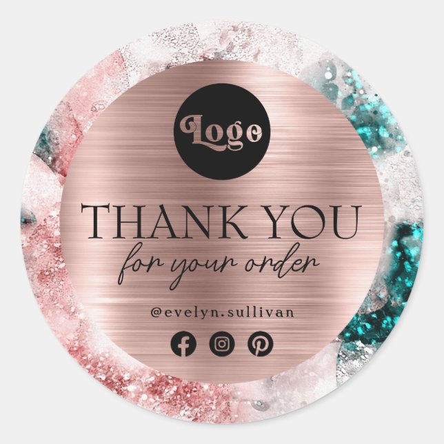Adesivo Redondo Glitter Watercolor Rosa Gold Foil Obrigado (Frente)