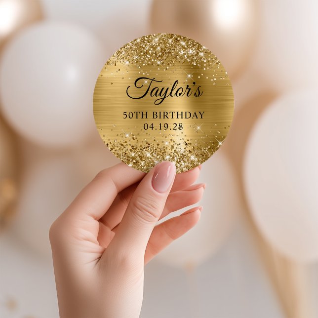 Adesivo Redondo Glittery Gold Foil 50th Birthday (Glittery Gold Foil 50th Birthday Classic Round Sticker)