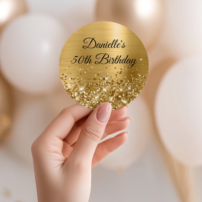 Adesivo Redondo Glittery Gold Foil 50th Birthday (Glittery Gold Foil 50th Birthday Classic Round Sticker)