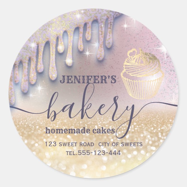Adesivo Redondo Glittery goteja a padaria de script do cupcake che (Frente)