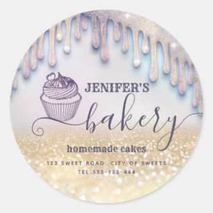 Adesivo Redondo Glittery goteja cupcake chef script bakery clássi