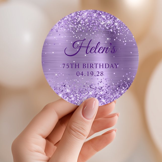 Adesivo Redondo Glittery Light Purple Foil 75th Birthday (Glittery Light Purple Foil 75th Birthday Classic Round Sticker)