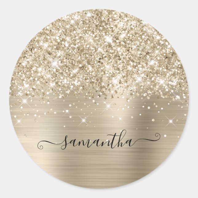 Adesivo Redondo Glittery Pale Gold Girly Signature Calligraphy (Frente)