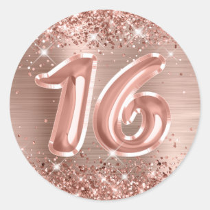 Adesivo Redondo Glittery Rose Gold Folha Número 16 Aniversário