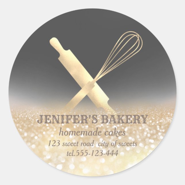 Adesivo Redondo Glittery sparkle roling pin & whisky chef bakery (Frente)