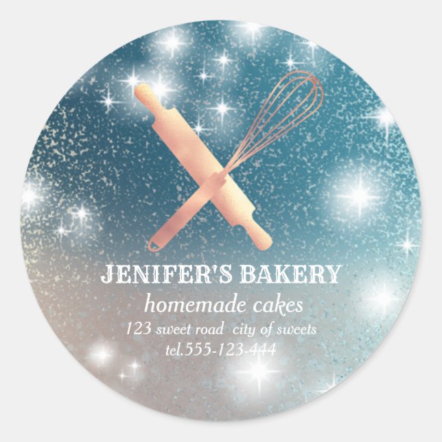 Adesivo Redondo Glittery sparkle roling pin & whisky chef bakery (Frente)