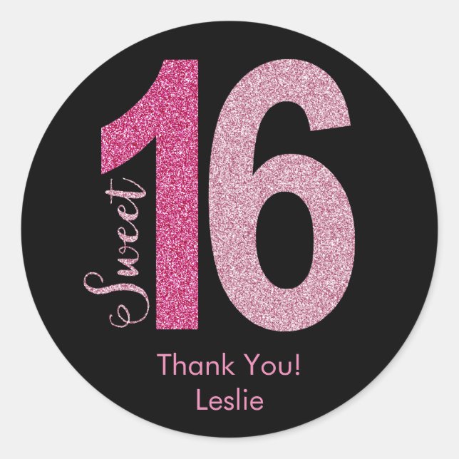 Adesivo Redondo Glittery Sweet 16 Birthday Favor Stickers (Frente)