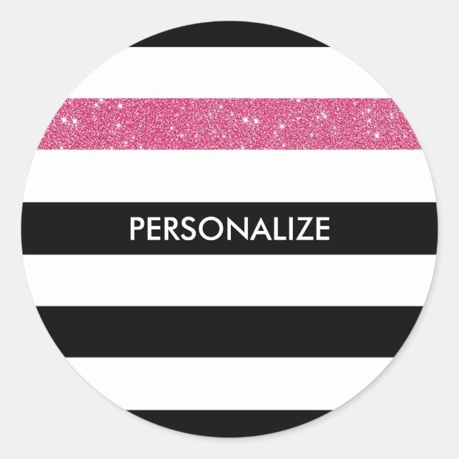 Adesivo Redondo Glitz e nome cor-de-rosa com faixas pretas moderna (Frente)