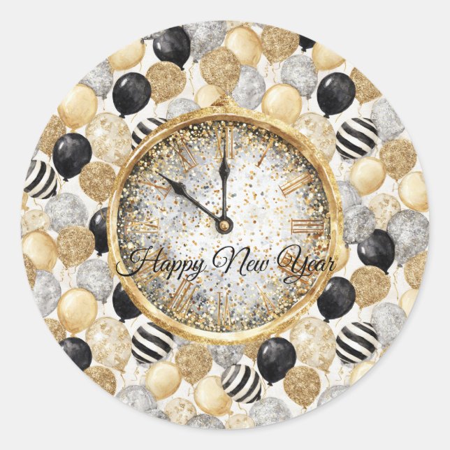 Adesivo Redondo Glitzy Gold Silver Black New Year's Balloons (Frente)