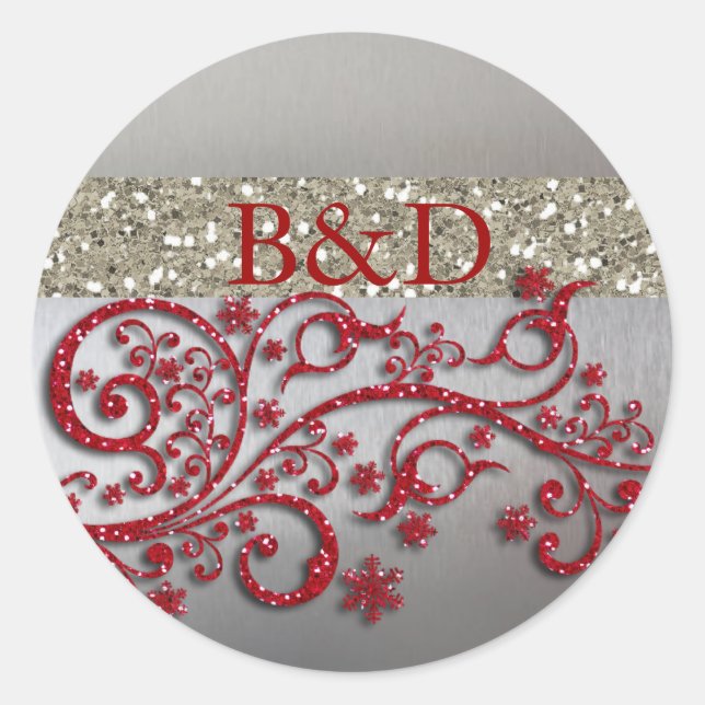Adesivo Redondo Glitzy Red Silver Glitter Seal Personalizado (Frente)