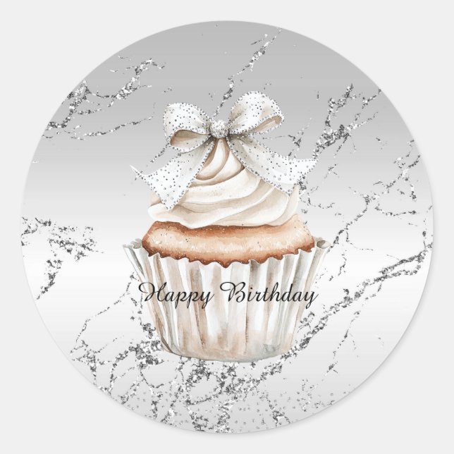 Adesivo Redondo Glitzy Silver White Cupcake Bow Birthday (Frente)