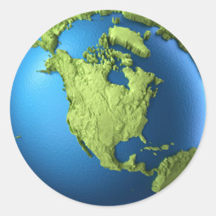 Adesivo Redondo Globo 3d isolado em branco.Continente América do N