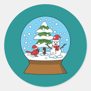 Adesivo Redondo Globo de Neve com Cardeal Snowman e Pine Tree