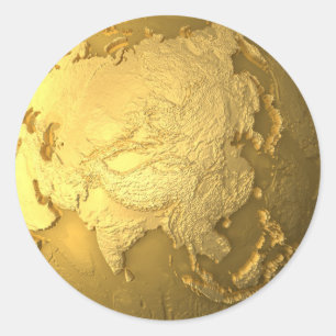Adesivo Redondo Globo Dourado - Metal a terra, Ásia, 3d rendem