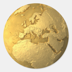 Adesivo Redondo Globo Dourado - Terra Metálica. Europa, 3d Renderi