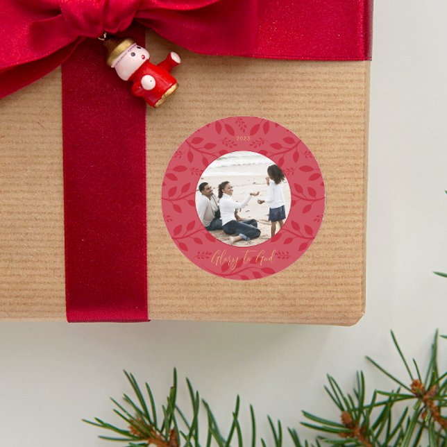 Adesivo Redondo Glória Vermelha Elegante a Deus Foto de Natal Botâ (Criador carregado)