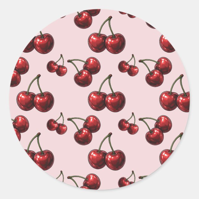 Adesivo Redondo Glossy Red Cherries - Festa de Retroplano Rosa Ros (Frente)