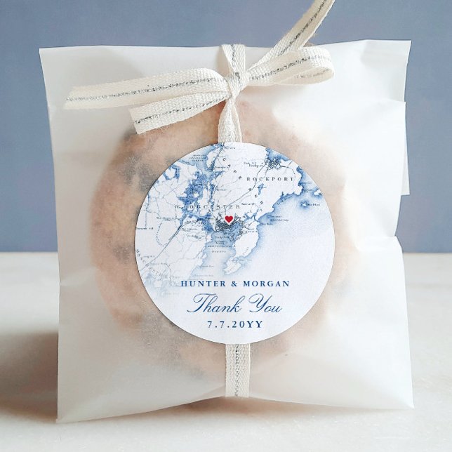 Adesivo Redondo Gloucester Cape Ann Elegant Marinho Weding Favor (These Gloucester MA map round sticker labels are perfect for your wedding favors)