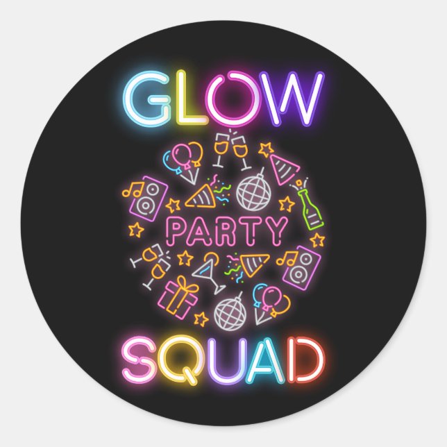Adesivo Redondo Glow Party Squad Neon Lights Birthday Anniversary  (Frente)