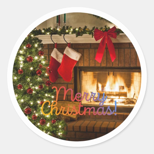 Adesivo Redondo Glowing Christmas Tree and Fireplace Round Sticker (Frente)