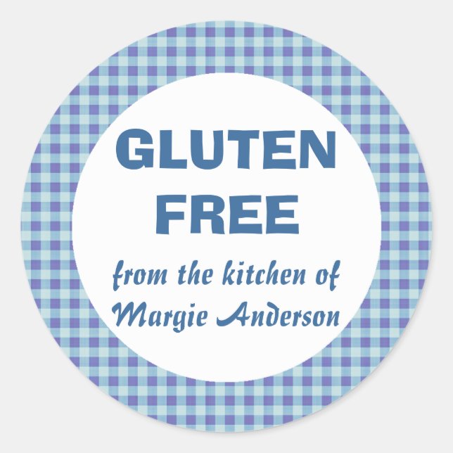 Adesivo Redondo Gluten Free Comida Blue Gingham (Frente)