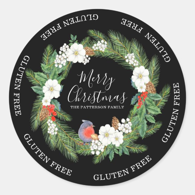 Adesivo Redondo Gluten Free Merry Christmas Floral Wreath Name (Frente)