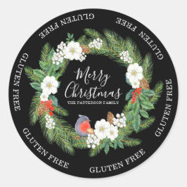 Adesivo Redondo Gluten Free Merry Christmas Floral Wreath Name