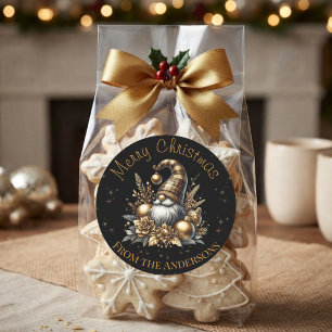 Adesivo Redondo Gnome de Natal Preto e Dourado