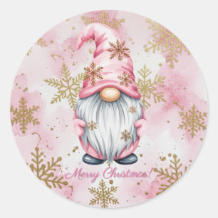 Adesivo Redondo Gnome de Natal Rosa Flocos de Neve Dourados