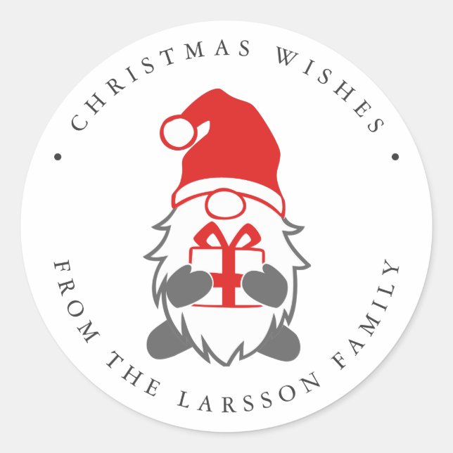 Adesivo Redondo Gnome engraçado com presente e chapéu de santa (Frente)