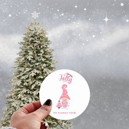 Adesivo Redondo Gnome Menina de Natal Rosa com Chapéu de Vino Aleg