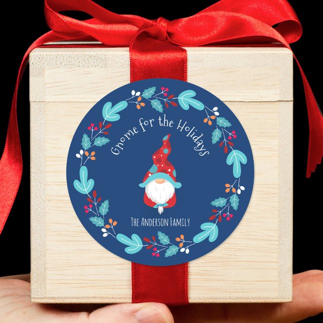 Adesivo Redondo Gnome para o Azul Floral Moderno Feriados (Criador carregado)