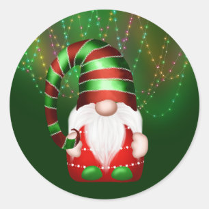 Adesivo Redondo Gnome Vermelho Chapéu Listrado Verde Luzes Natal