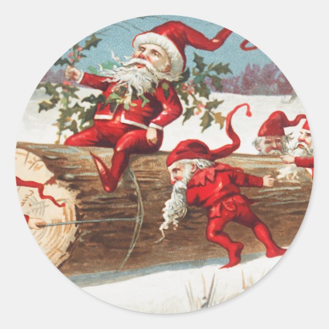 Adesivo Redondo Gnomes dragging a cut tree trunk through the snow (Frente)