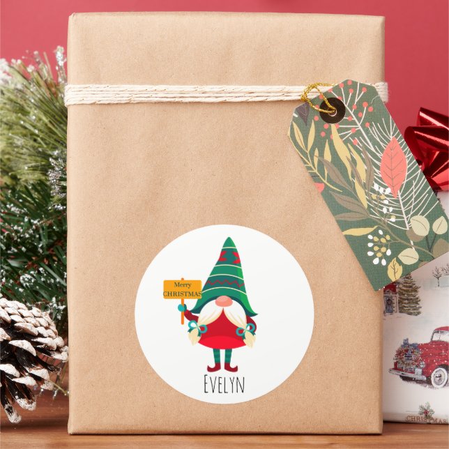 Adesivo Redondo Gnomo Bonito, Placard com Saudações (Feriado)