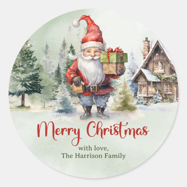 Adesivo Redondo Gnomo clássico vermelho e verde com presentes (Frente)