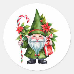 Adesivo Redondo Gnomo de Natal com Aquarela com Canas Candiosas