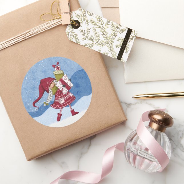 Adesivo Redondo Gnomo de Natal com Gifts Sticker (Presentear)
