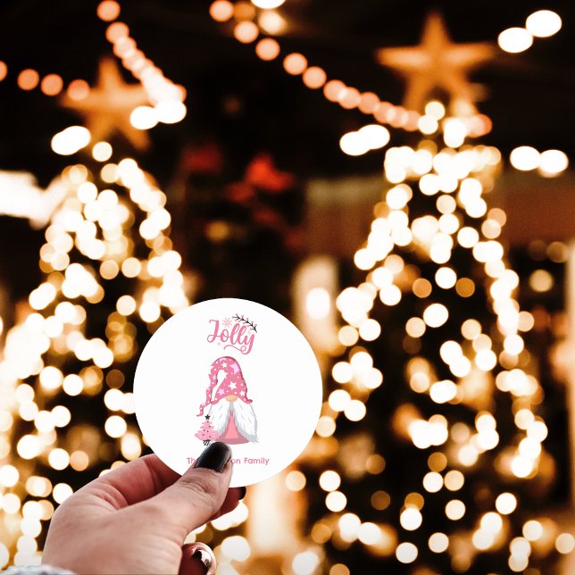 Adesivo Redondo Gnomo de Natal Cor-de-Rosa Alegre (Pink Christmas Gnome Jolly Classic Round Sticker - Personalized Festive Greeting)