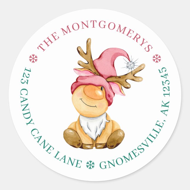 Adesivo Redondo Gnomo de Natal Cute Reindeer Endereço de Regresso (Frente)