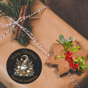 Adesivo Redondo Gnomo de Natal Preto E Dourado
